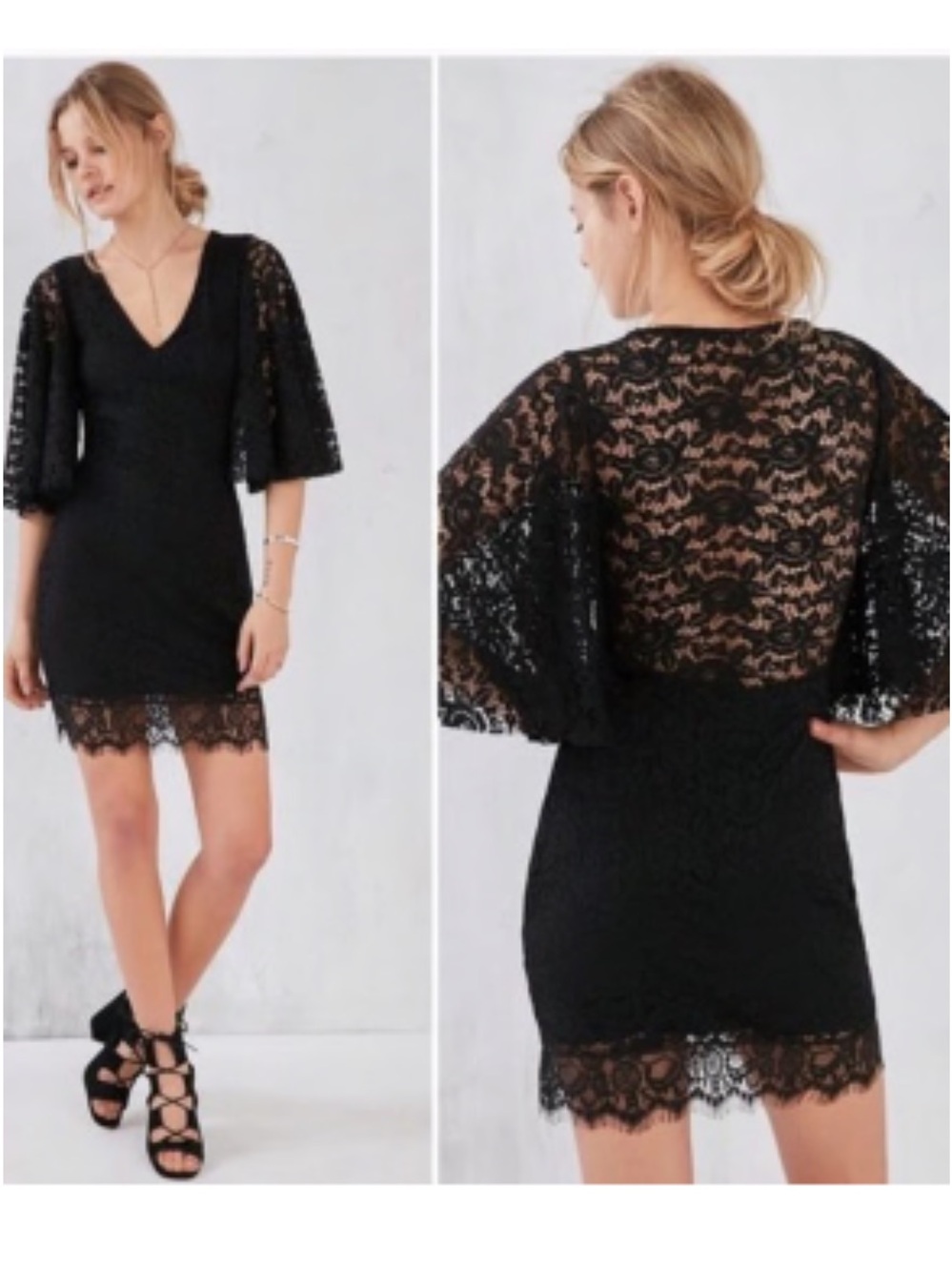 Black Lace Mini Dress with V-Neck and Flared Sleeves